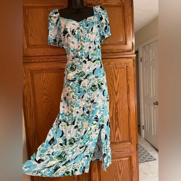 loft blue floral dress LOFT Blue Floral Midi Dress